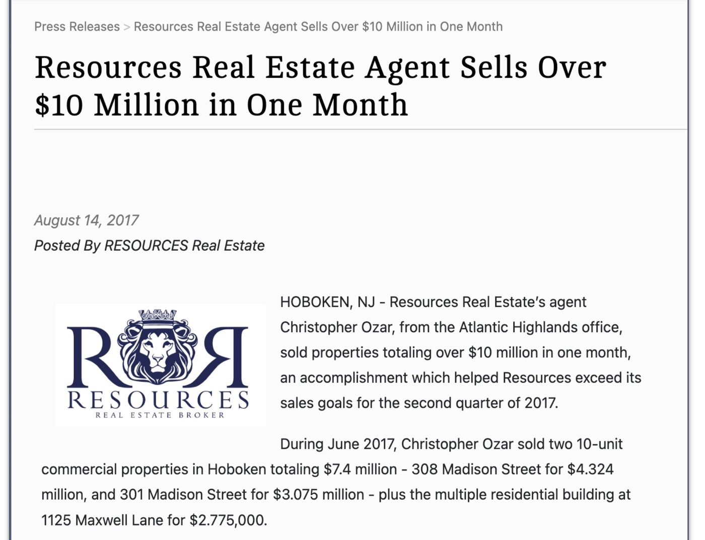 Press release: Resources Real Estate agent sells over $10 million in one month