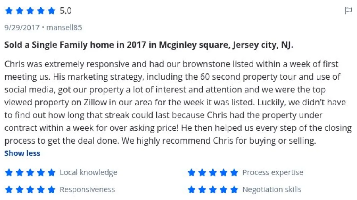 Zillow review by mansell85, 9/29/2017, rated 5 of 5: Sold a Single Family home in 2017 in Mcginley square, Jersey city, NJ.
