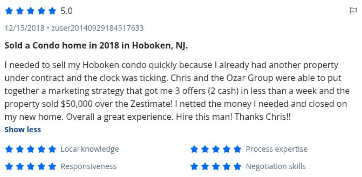 Zillow review by zuser20140929184517633, 12/15/2018, rated 5 of 5: Sold a Condo home in 2018 in Hoboken, NJ.
