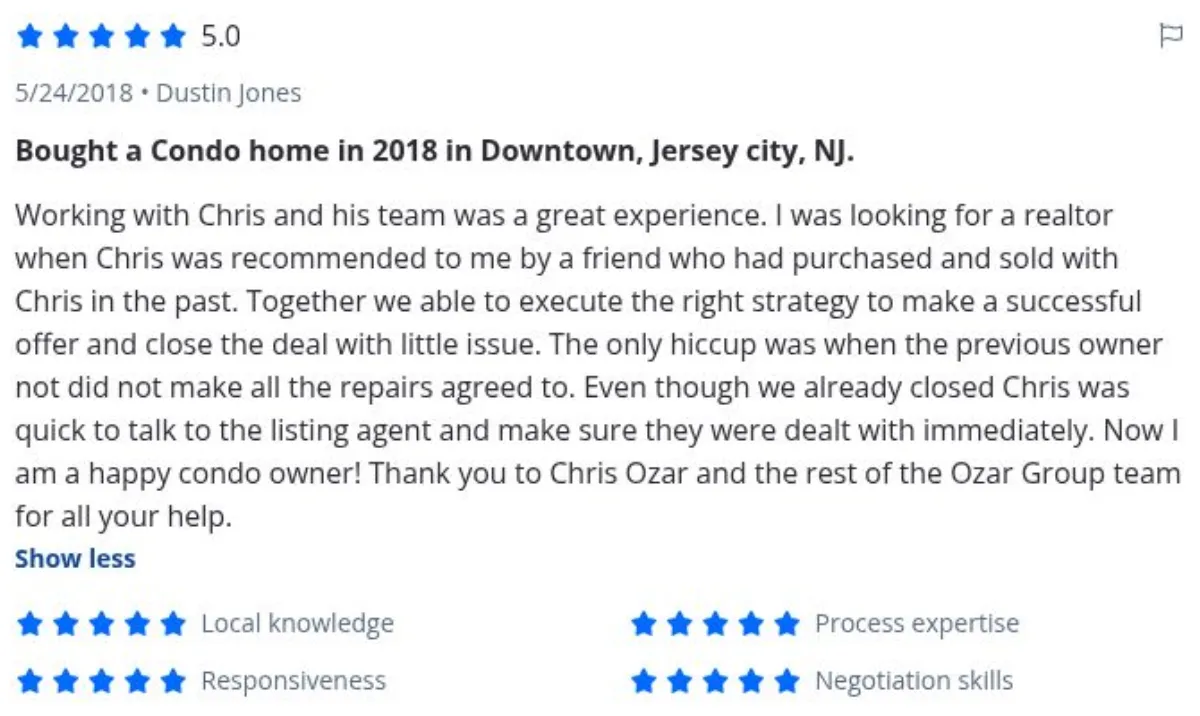 Zillow review by Dustin Jones, 5/24/2018, rated 5 of 5: Bought a Condo home in 2018 in Downtown, Jersey city, NJ.