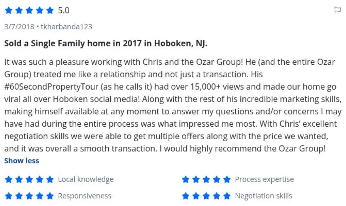 Zillow review by tkharbanda123, 3/7/2018, rated 5 of 5: Sold a Single Family home in 2017 in Hoboken, NJ.