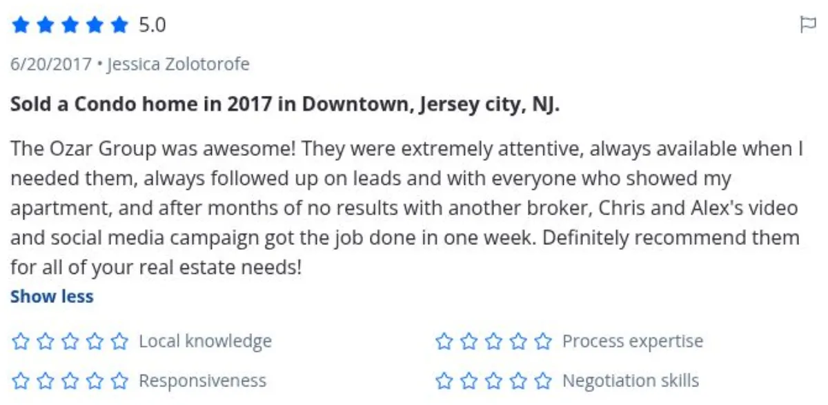 Zillow review by Jessica Zolotorofe, 6/20/2017, rated 5 of 5: Sold a Condo home in 2017 in Downtown, Jersey city, NJ.