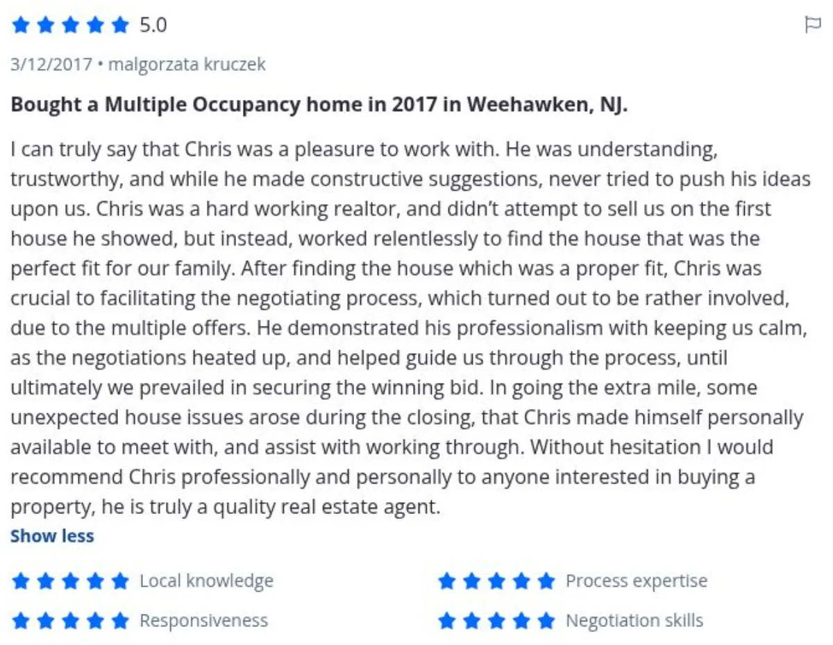 Zillow review by malgorzata kruczek, 3/12/2017, rated 5 of 5: Bought a Multiple Occupancy home in 2017 in Weehawken, NJ.