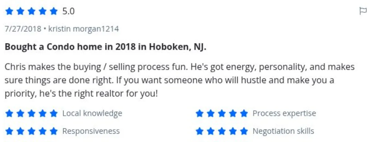 Zillow review by kristin morgan1214, 7/27/2018, rated 5 of 5: Bought a Condo home in 2018 in Hoboken, NJ.