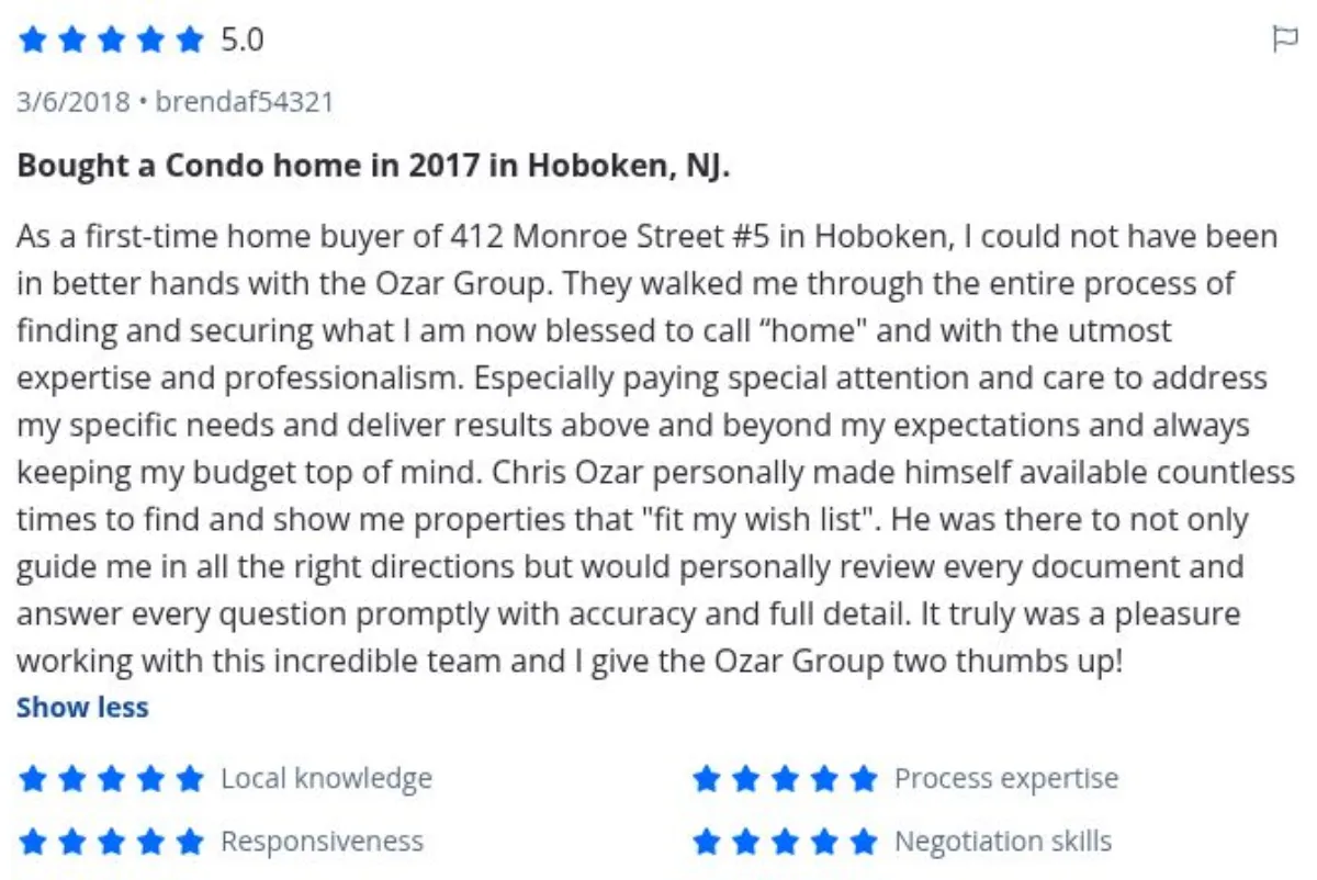Zillow review by brendaf54321, 3/6/2018, rated 5 of 5: Bought a Condo home in 2017 in Hoboken, NJ.