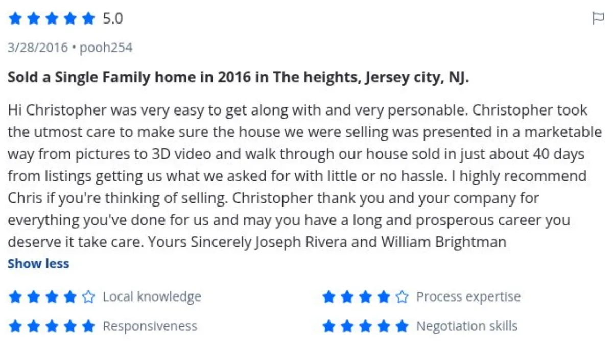 Zillow review by pooh254, 3/28/2016, rated 5 of 5: Sold a Single Family home in 2016 in The heights, Jersey city, NJ.