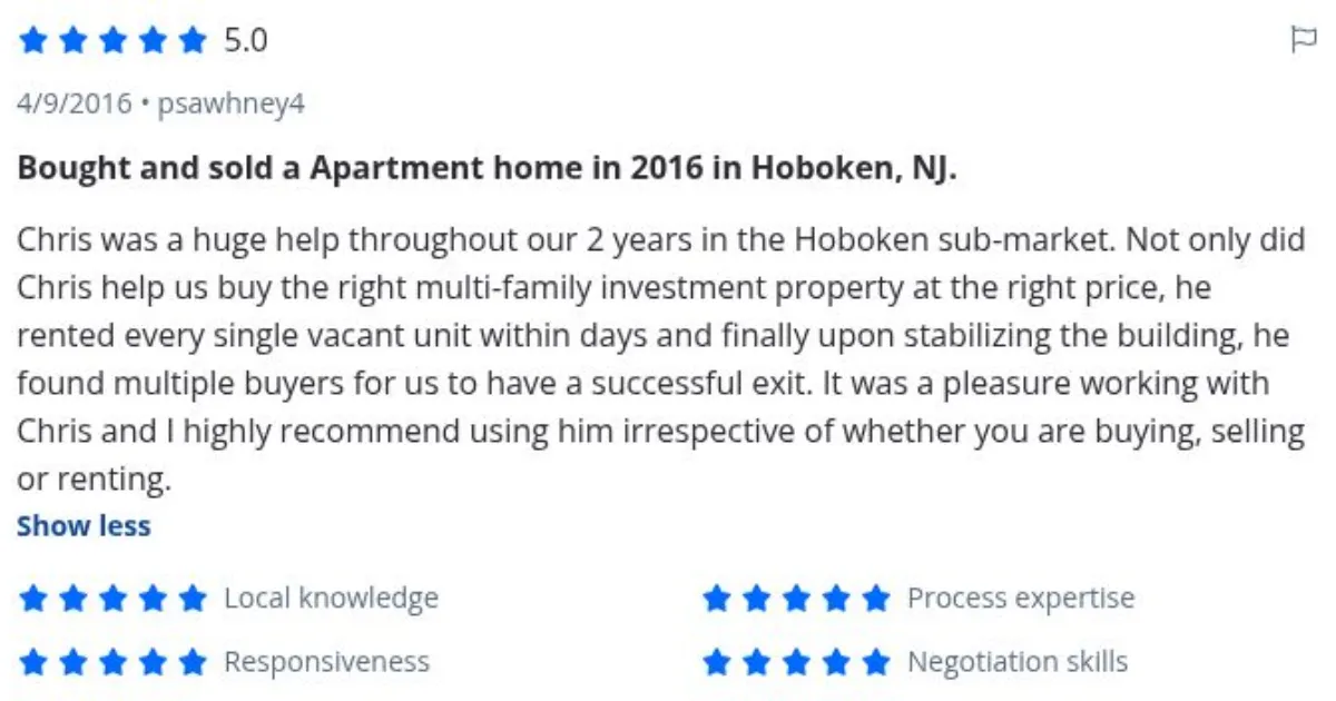 Zillow review by psawhney4, 4/9/2016, rated 5 of 5: Bought and sold a Apartment home in 2016 in Hoboken, NJ.