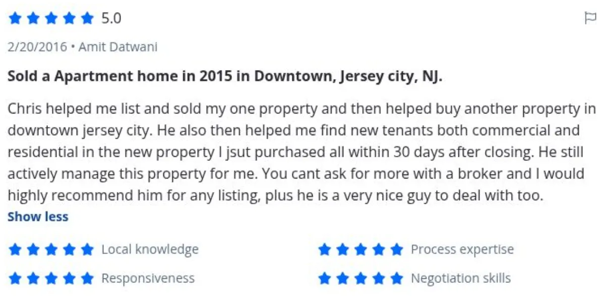Zillow review by Amit Datwani, 2/20/2016, rated 5 of 5: Sold a Apartment home in 2015 in Downtown, Jersey city, NJ.