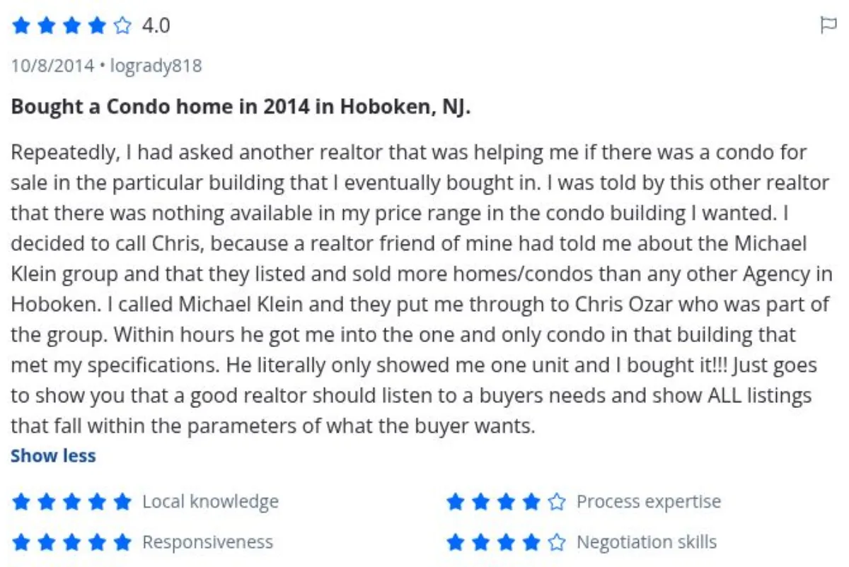 Zillow review by logrady818, 10/8/2014, rated 4 of 5: Bought a Condo home in 2014 in Hoboken, NJ.