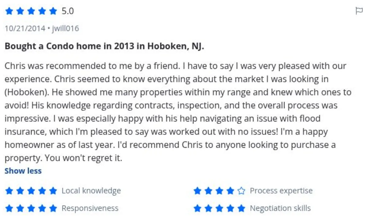 Zillow review by jwill016, 10/21/2014, rated 5 of 5: Bought a Condo home in 2013 in Hoboken, NJ.