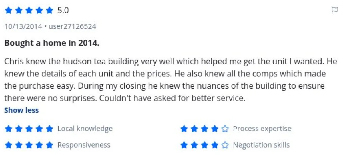Zillow review by user27126524, 10/13/2014, rated 5 of 5: Bought a home in 2014.