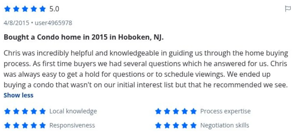 Zillow review by user4965978, 4/8/2015, rated 5 of 5: Bought a Condo home in 2015 in Hoboken, NJ.