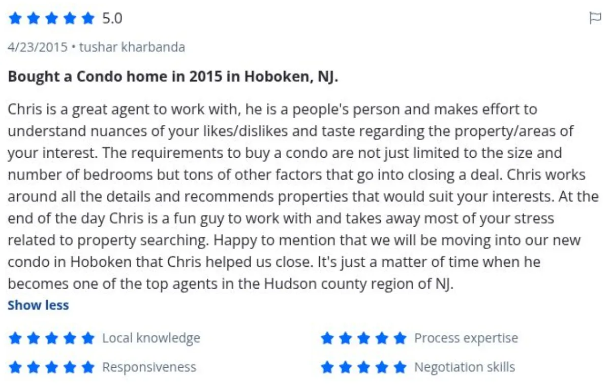 Zillow review by tushar kharbanda, 4/23/2015, rated 5 of 5: Bought a Condo home in 2015 in Hoboken, NJ.