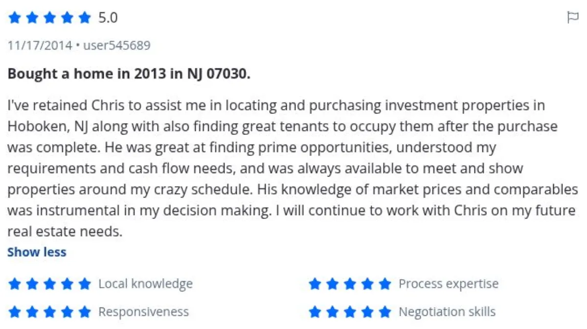 Zillow review by user545689, 11/17/2014, rated 5 of 5: Bought a home in 2013 in NJ 07030.