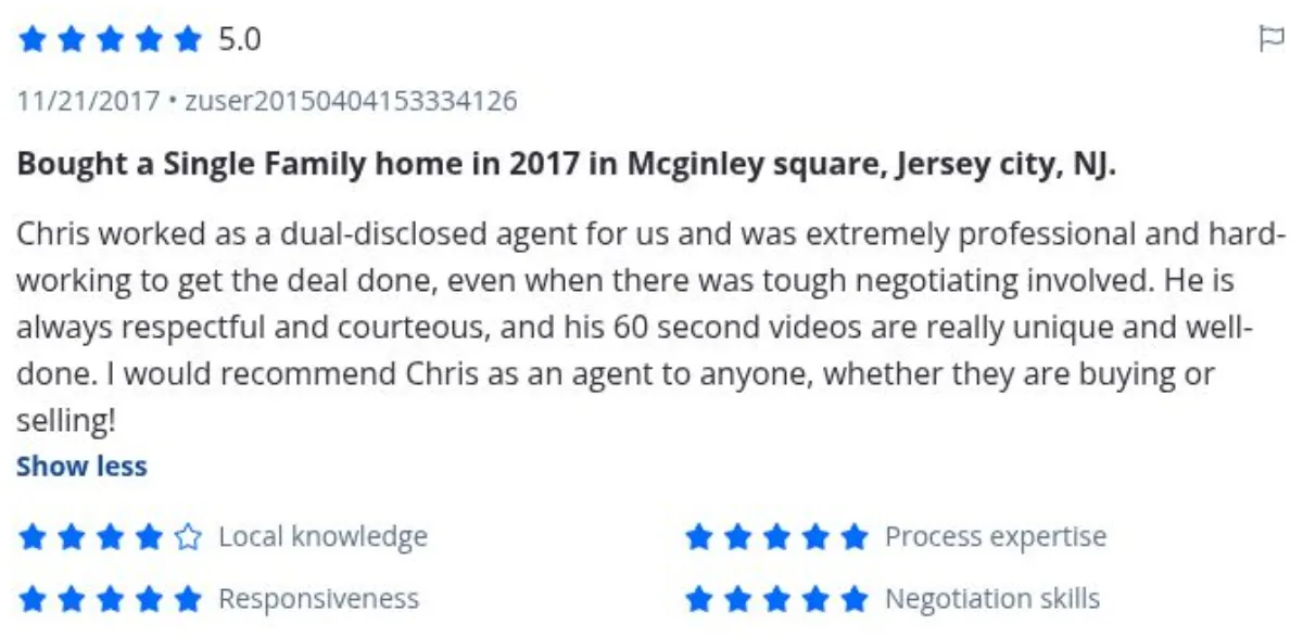 Zillow review by zuser20150404153334126, 11/21/2017, rated 5 of 5: Bought a Single Family home in 2017 in Mcginley square, Jersey city, NJ.