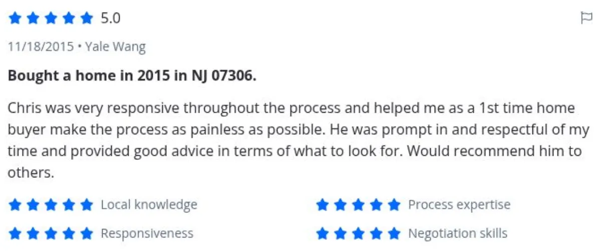 Zillow review by Yale Wang, 11/18/2015, rated 5 of 5: Bought a home in 2015 in NJ 07306.