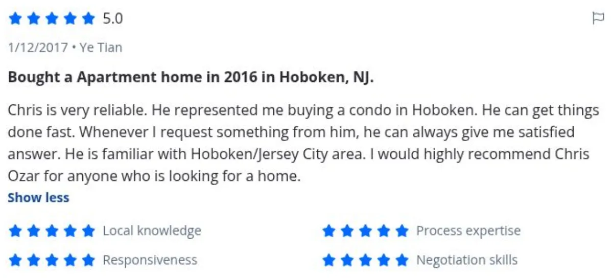 Zillow review by Ye Tian, 1/12/2017, rated 5 of 5: Bought a Apartment home in 2016 in Hoboken, NJ.