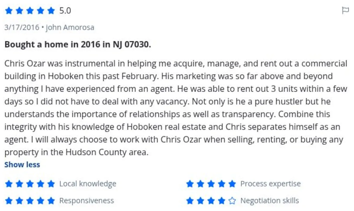 Zillow review by john Amorosa, 3/17/2016, rated 5 of 5: Bought a home in 2016 in NJ 07030.