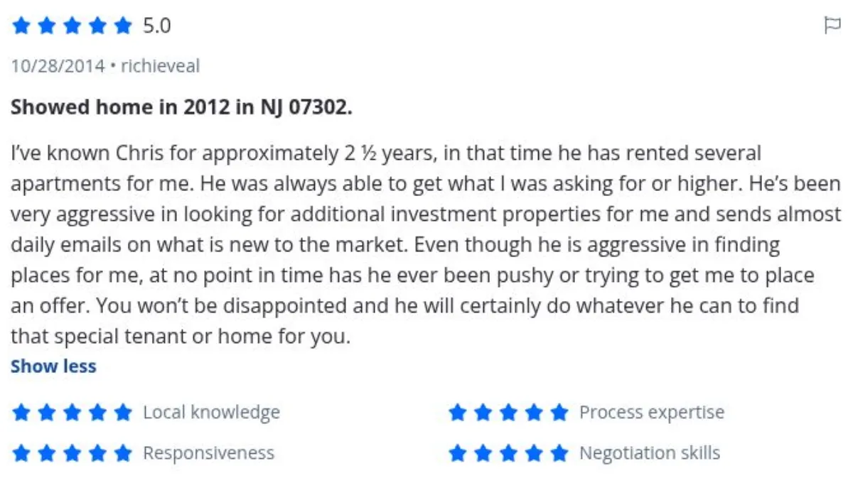 Zillow review by richieveal, 10/28/2014, rated 5 of 5: Showed home in 2012 in NJ 07302.