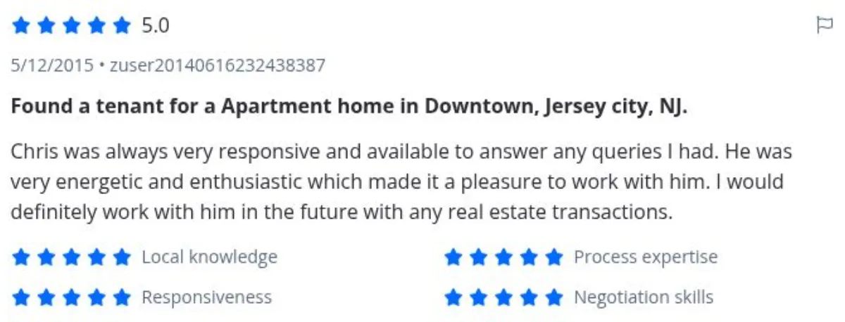 Zillow review by zuser20140616232438387, 5/12/2015, rated 5 of 5: Found a tenant for a Apartment home in Downtown, Jersey city, NJ.