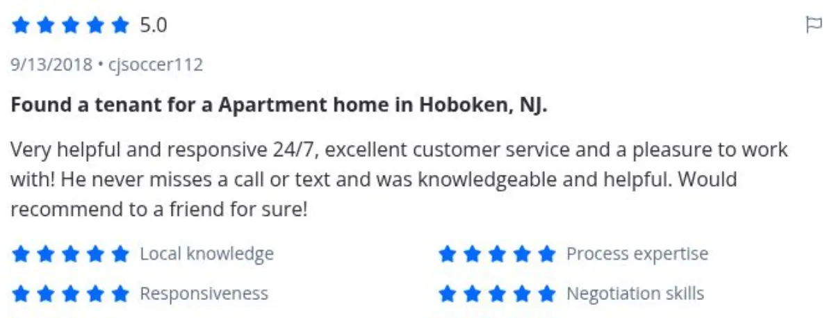Zillow review by cjsoccer112, 9/13/2018, rated 5 of 5: Found a tenant for a Apartment home in Hoboken, NJ.